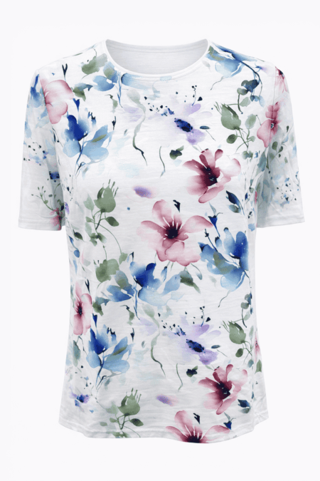 T‑shirt bianca con stampa floreale acquerello