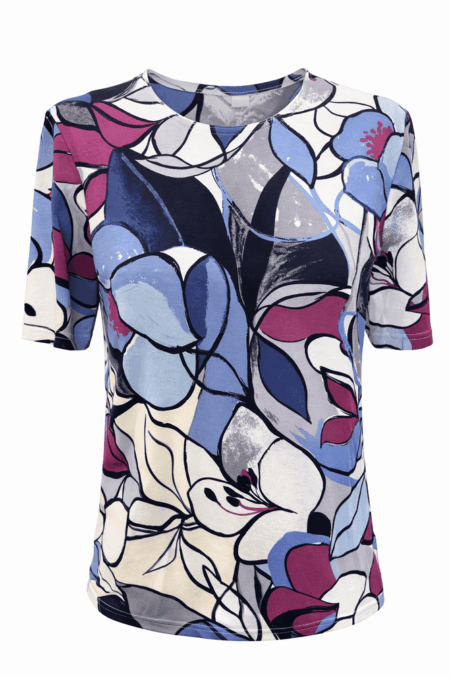T‑shirt donna con stampa floreale astratta nei toni blu e bordeaux