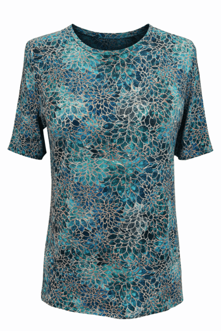 T‑shirt donna con stampa floreale su fondo blu e verde