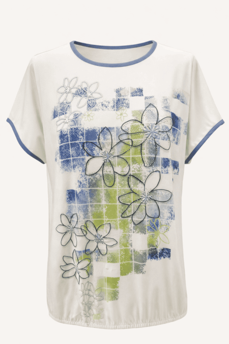 T‑shirt bianca con profili azzurri, motivo floreale verde e blu