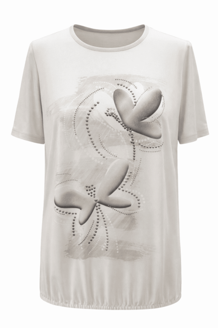 T‑shirt donna con farfalle stilizzate in tonalità grigie e panna
