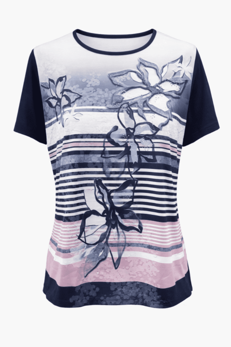 T‑Shirt con stampa floreale e righe sfumate
