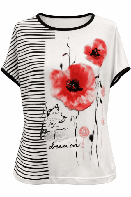T‑shirt bianca con papaveri rossi e profili neri